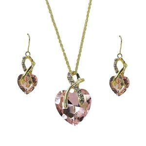 Pink Crystal Heart Pendant Necklace Earring Set, Large Pink Love Heart New